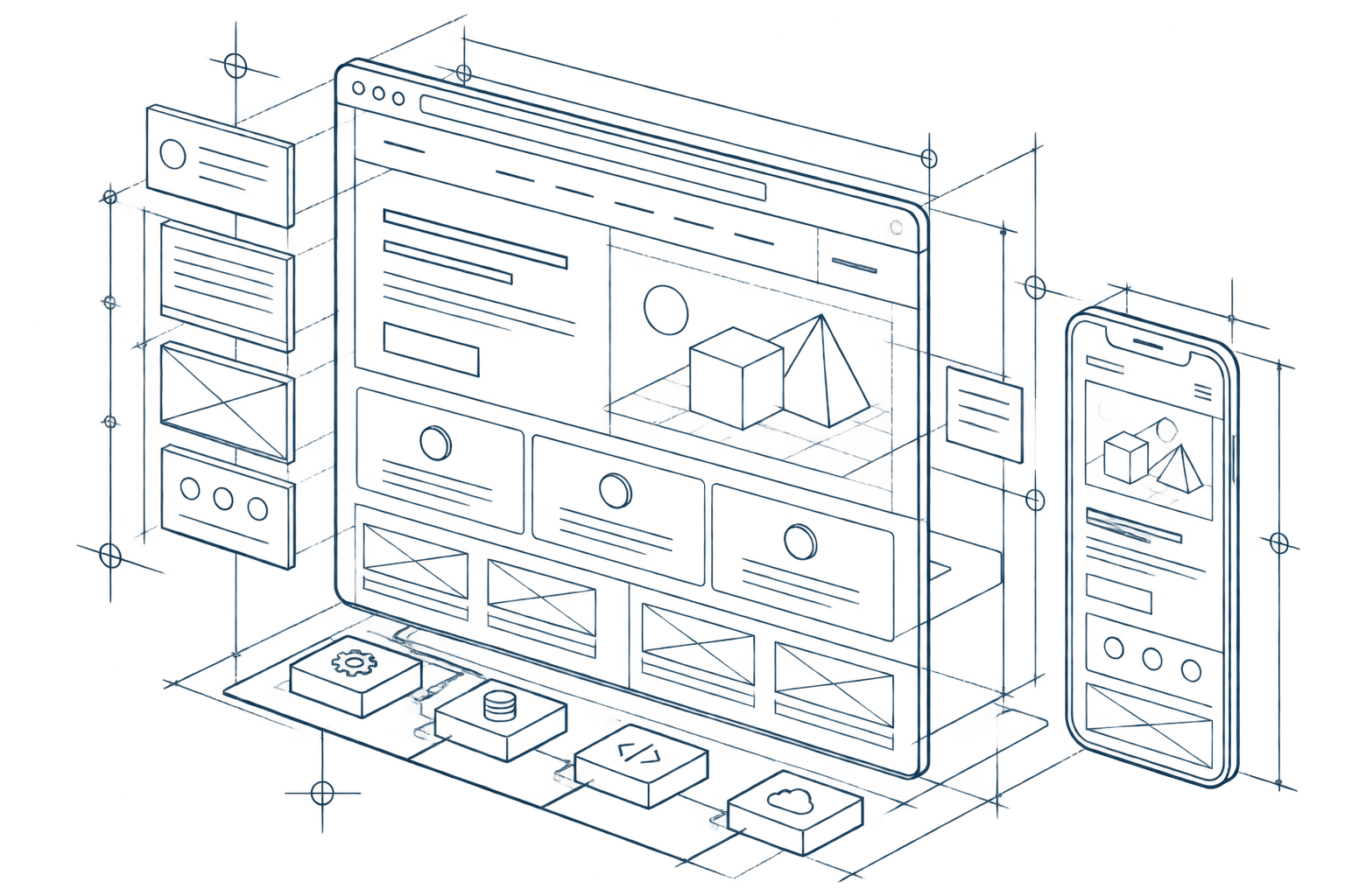 Technical blueprint-style illustration of a modular website and digital system